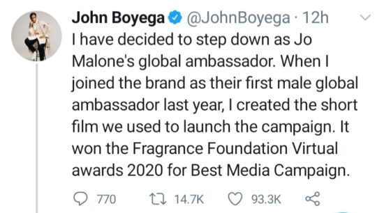 John Boyega Splits from Jo Malone